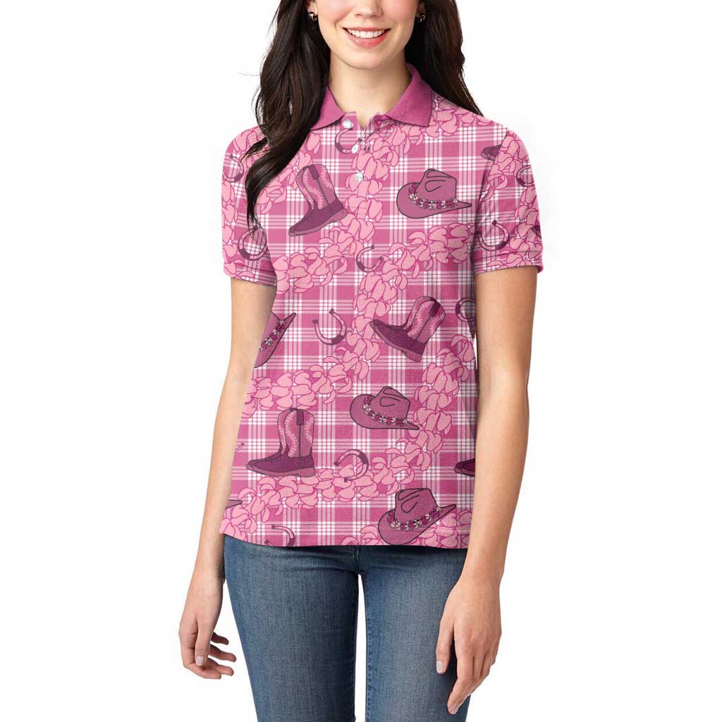 Pink Palaka Hawaii Cowboy Women Polo Shirt Puakenikeni Lei Paniolo Papale Seamless Vibes LT14 - Polynesian Pride