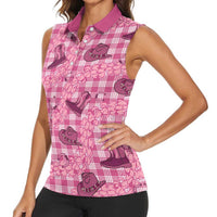 Pink Palaka Hawaii Cowboy Women Sleeveless Polo Shirt Puakenikeni Lei Paniolo Papale Seamless Vibes LT14 - Polynesian Pride