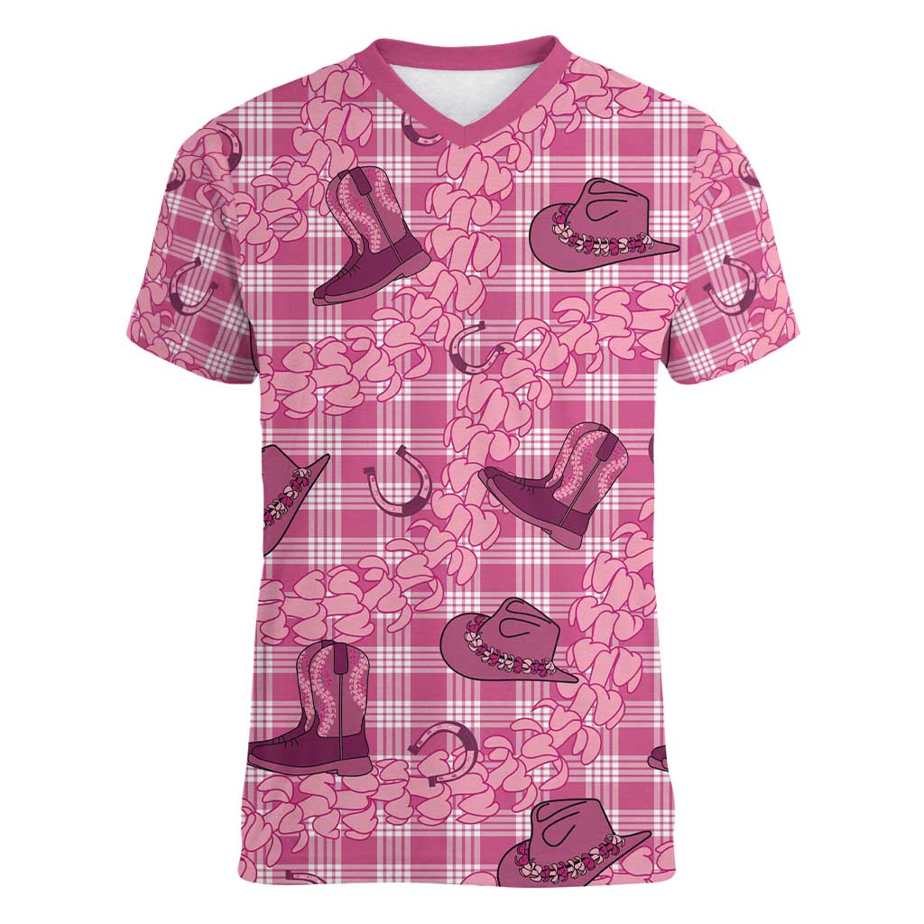 Pink Palaka Hawaii Cowboy Women V-Neck T-Shirt Puakenikeni Lei Paniolo Papale Seamless Vibes LT14 Female Pink - Polynesian Pride