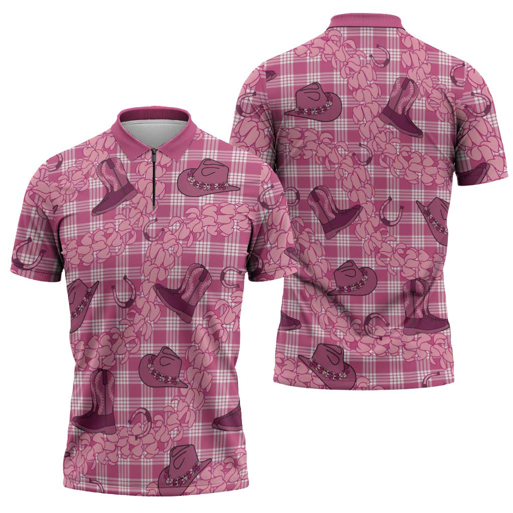Pink Palaka Hawaii Cowboy Zipper Polo Shirt Puakenikeni Lei Paniolo Papale Seamless Vibes LT14 - Polynesian Pride