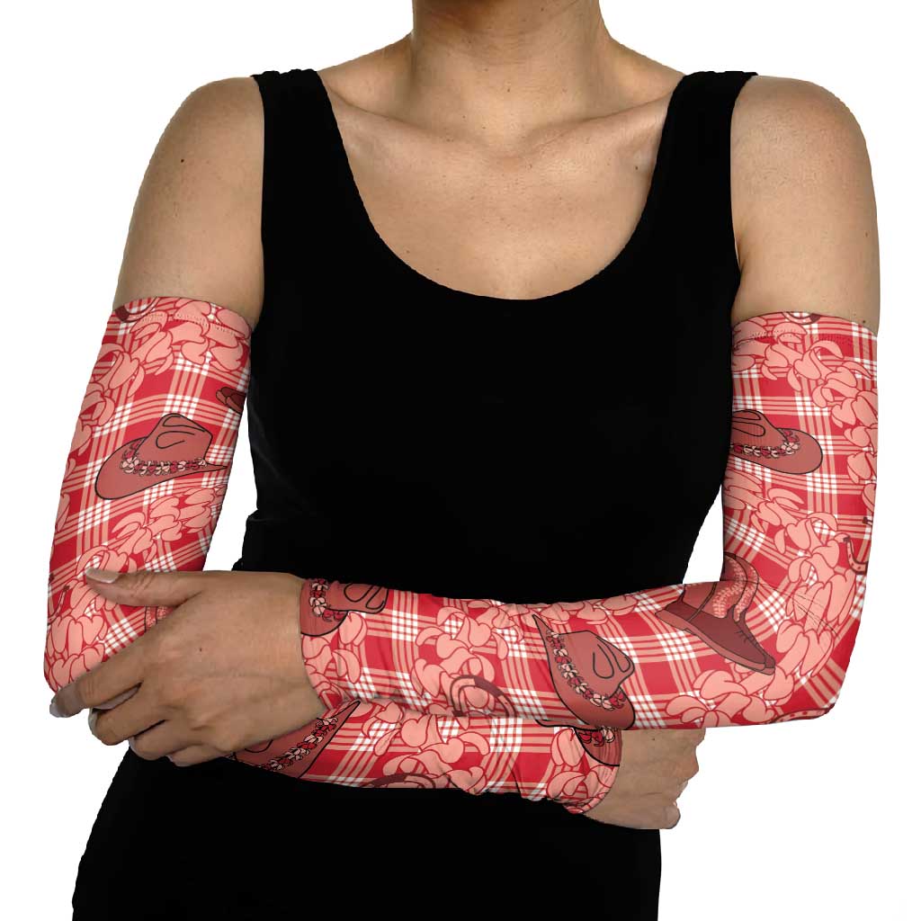 Red Palaka Hawaii Cowboy Arm Sleeves Puakenikeni Lei Paniolo Papale Seamless Vibes - Polynesian Pride