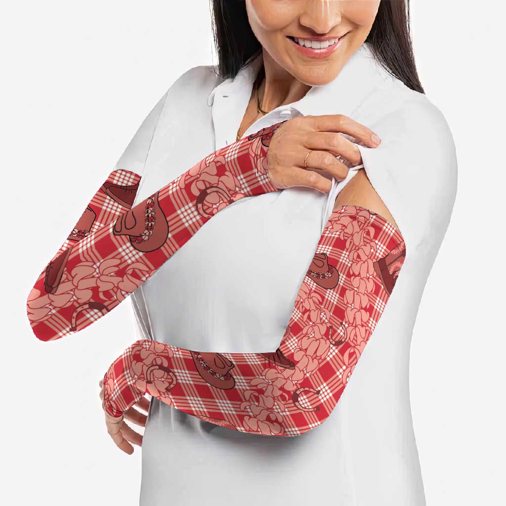 Red Palaka Hawaii Cowboy Arm Sleeves Puakenikeni Lei Paniolo Papale Seamless Vibes - Polynesian Pride