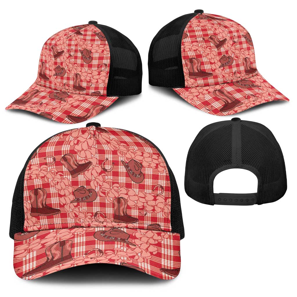 Red Palaka Hawaii Cowboy Baseball Net Cap Puakenikeni Lei Paniolo Papale Seamless Vibes - Polynesian Pride