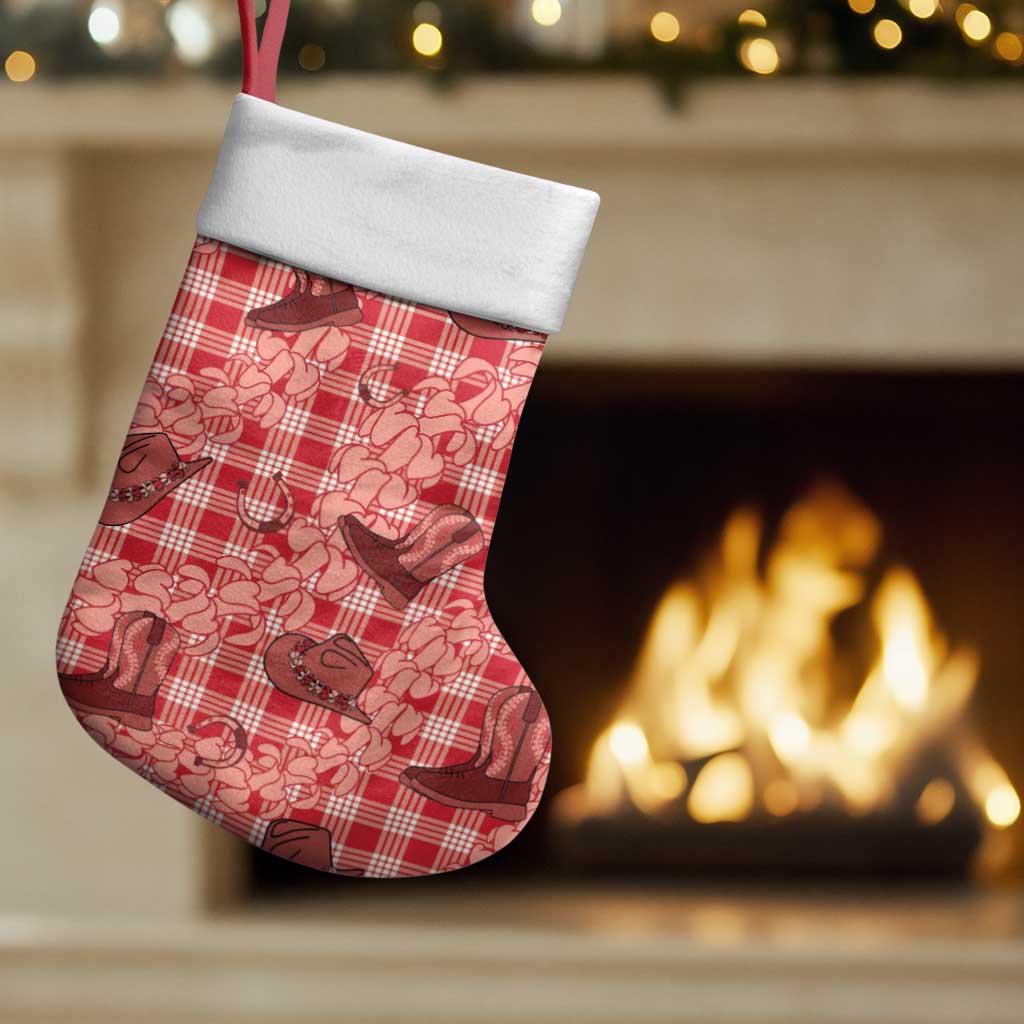 Red Palaka Hawaii Cowboy Christmas Stocking Puakenikeni Lei Paniolo Papale Seamless Vibes - Polynesian Pride