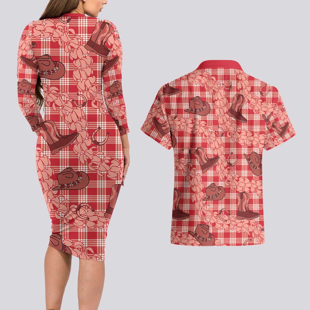 Red Palaka Hawaii Cowboy Couples Matching Long Sleeve Bodycon Dress and Hawaiian Shirt Puakenikeni Lei Paniolo Papale Seamless Vibes LT14 - Polynesian Pride