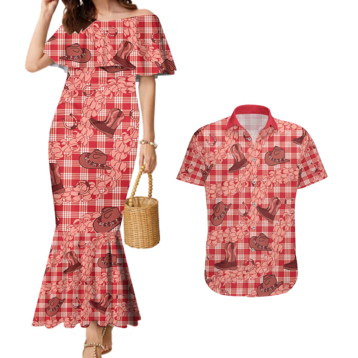Red Palaka Hawaii Cowboy Couples Matching Mermaid Dress and Hawaiian Shirt Puakenikeni Lei Paniolo Papale Seamless Vibes - Polynesian Pride