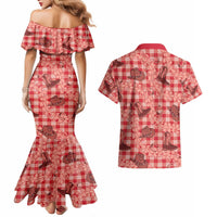 Red Palaka Hawaii Cowboy Couples Matching Mermaid Dress and Hawaiian Shirt Puakenikeni Lei Paniolo Papale Seamless Vibes LT14 - Polynesian Pride