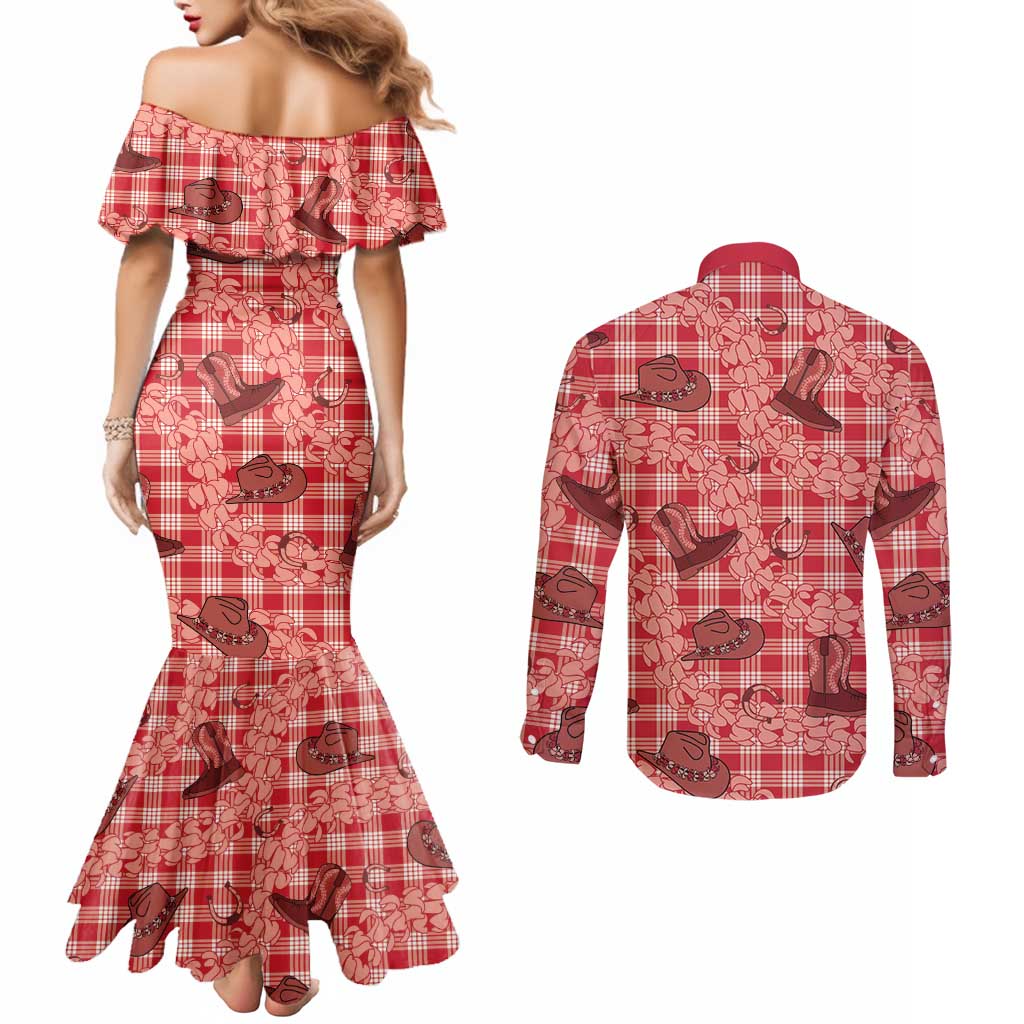 Red Palaka Hawaii Cowboy Couples Matching Mermaid Dress and Long Sleeve Button Shirt Puakenikeni Lei Paniolo Papale Seamless Vibes LT14 - Polynesian Pride