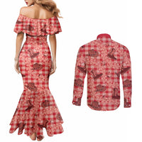 Red Palaka Hawaii Cowboy Couples Matching Mermaid Dress and Long Sleeve Button Shirt Puakenikeni Lei Paniolo Papale Seamless Vibes LT14 - Polynesian Pride