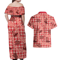 Red Palaka Hawaii Cowboy Couples Matching Off Shoulder Maxi Dress and Hawaiian Shirt Puakenikeni Lei Paniolo Papale Seamless Vibes LT14 - Polynesian Pride