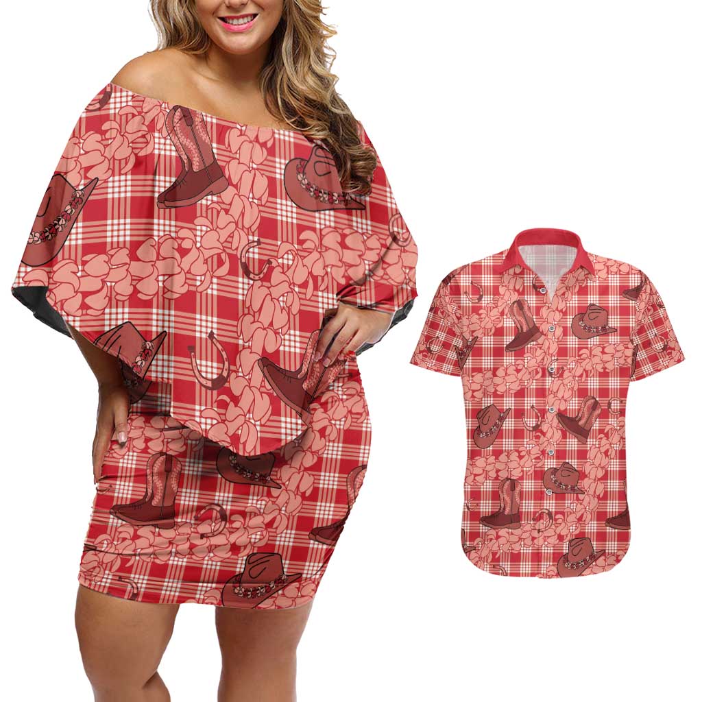 Red Palaka Hawaii Cowboy Couples Matching Off Shoulder Short Dress and Hawaiian Shirt Puakenikeni Lei Paniolo Papale Seamless Vibes LT14 Red - Polynesian Pride