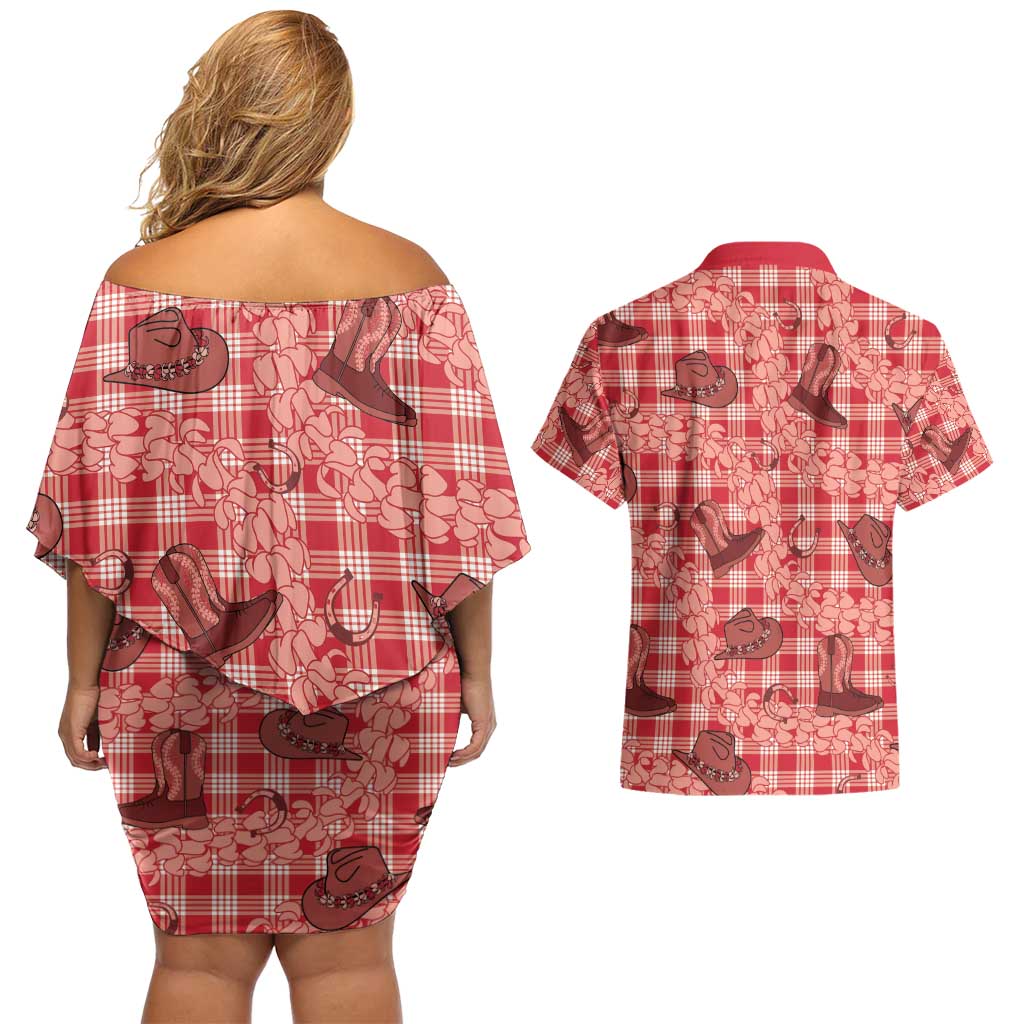 Red Palaka Hawaii Cowboy Couples Matching Off Shoulder Short Dress and Hawaiian Shirt Puakenikeni Lei Paniolo Papale Seamless Vibes LT14 - Polynesian Pride