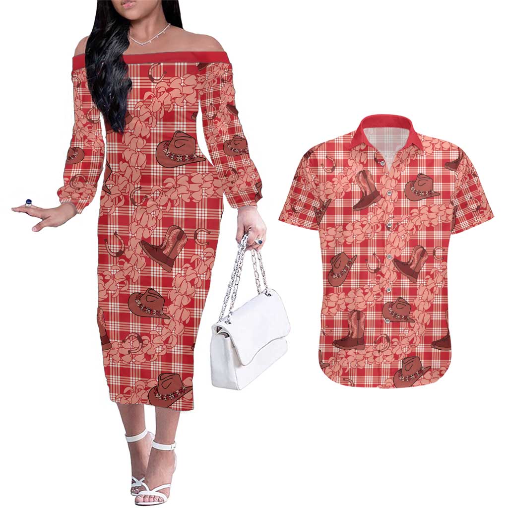 Red Palaka Hawaii Cowboy Couples Matching Off The Shoulder Long Sleeve Dress and Hawaiian Shirt Puakenikeni Lei Paniolo Papale Seamless Vibes LT14 Red - Polynesian Pride