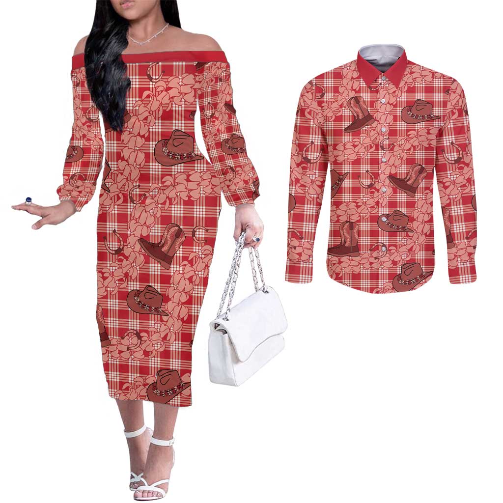 Red Palaka Hawaii Cowboy Couples Matching Off The Shoulder Long Sleeve Dress and Long Sleeve Button Shirt Puakenikeni Lei Paniolo Papale Seamless Vibes LT14 Red - Polynesian Pride