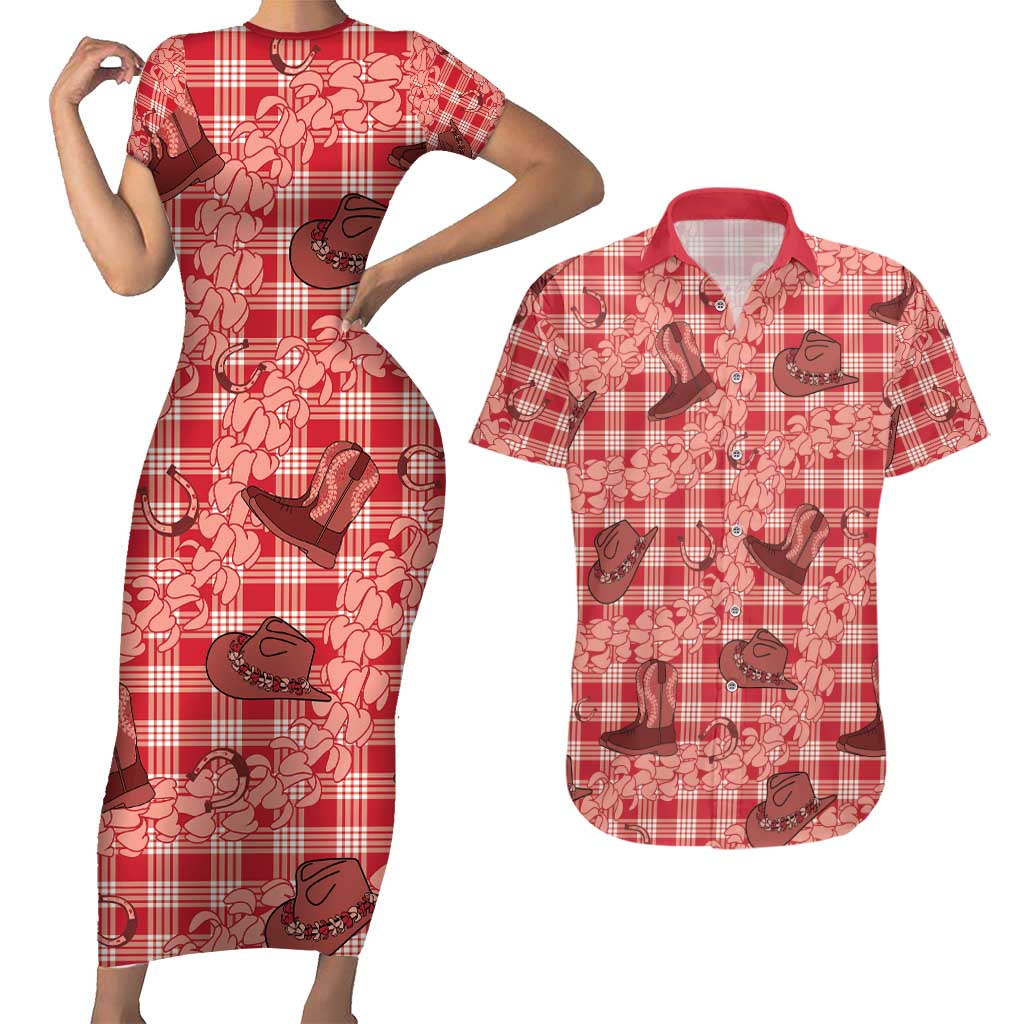Red Palaka Hawaii Cowboy Couples Matching Short Sleeve Bodycon Dress and Hawaiian Shirt Puakenikeni Lei Paniolo Papale Seamless Vibes LT14 Red - Polynesian Pride