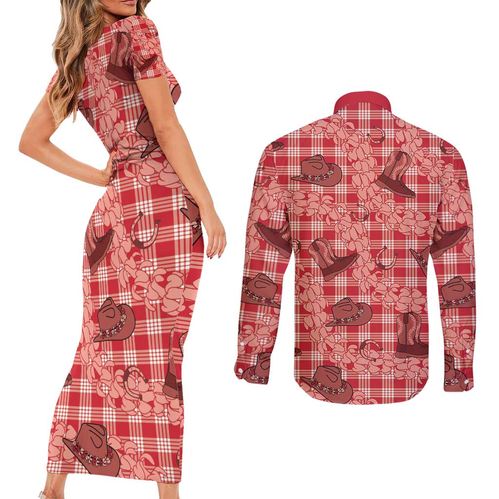 Red Palaka Hawaii Cowboy Couples Matching Short Sleeve Bodycon Dress and Long Sleeve Button Shirt Puakenikeni Lei Paniolo Papale Seamless Vibes LT14 - Polynesian Pride