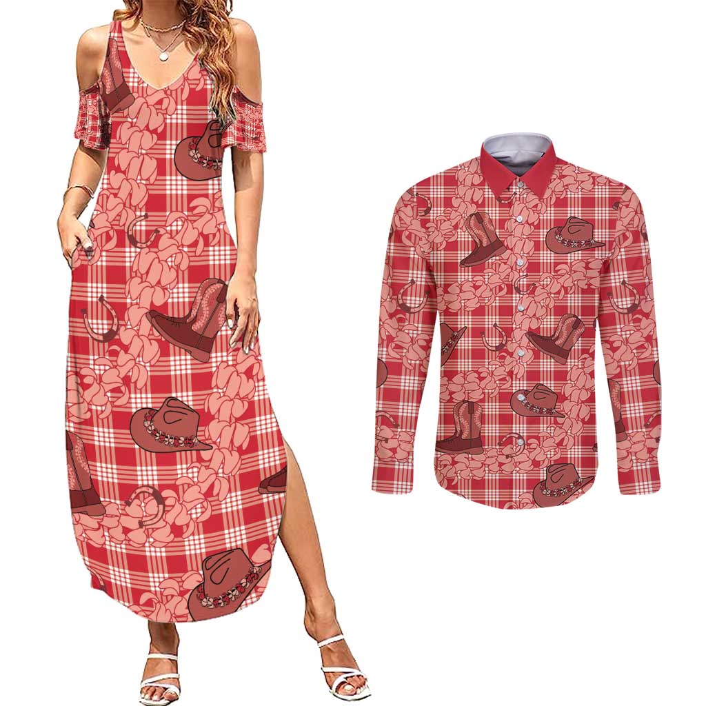 Red Palaka Hawaii Cowboy Couples Matching Summer Maxi Dress and Long Sleeve Button Shirt Puakenikeni Lei Paniolo Papale Seamless Vibes LT14 Red - Polynesian Pride