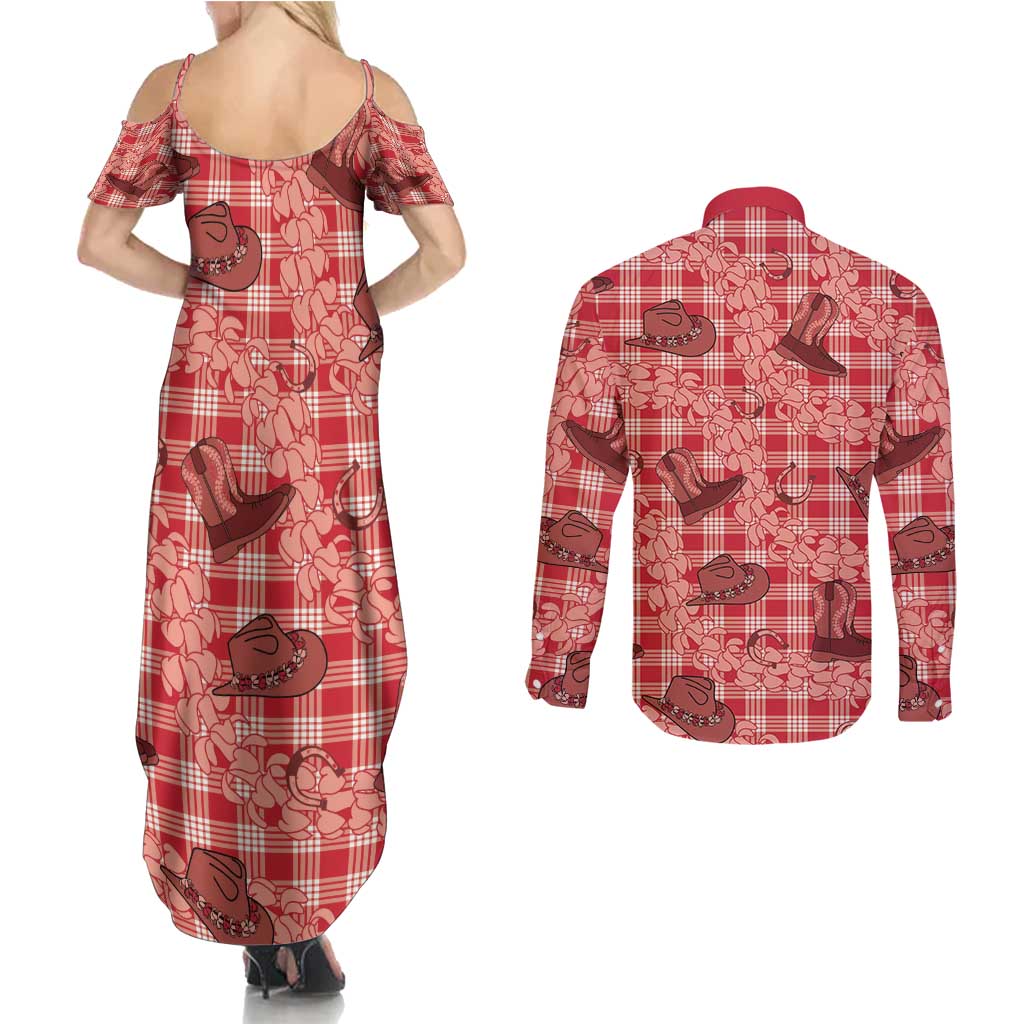 Red Palaka Hawaii Cowboy Couples Matching Summer Maxi Dress and Long Sleeve Button Shirt Puakenikeni Lei Paniolo Papale Seamless Vibes LT14 - Polynesian Pride