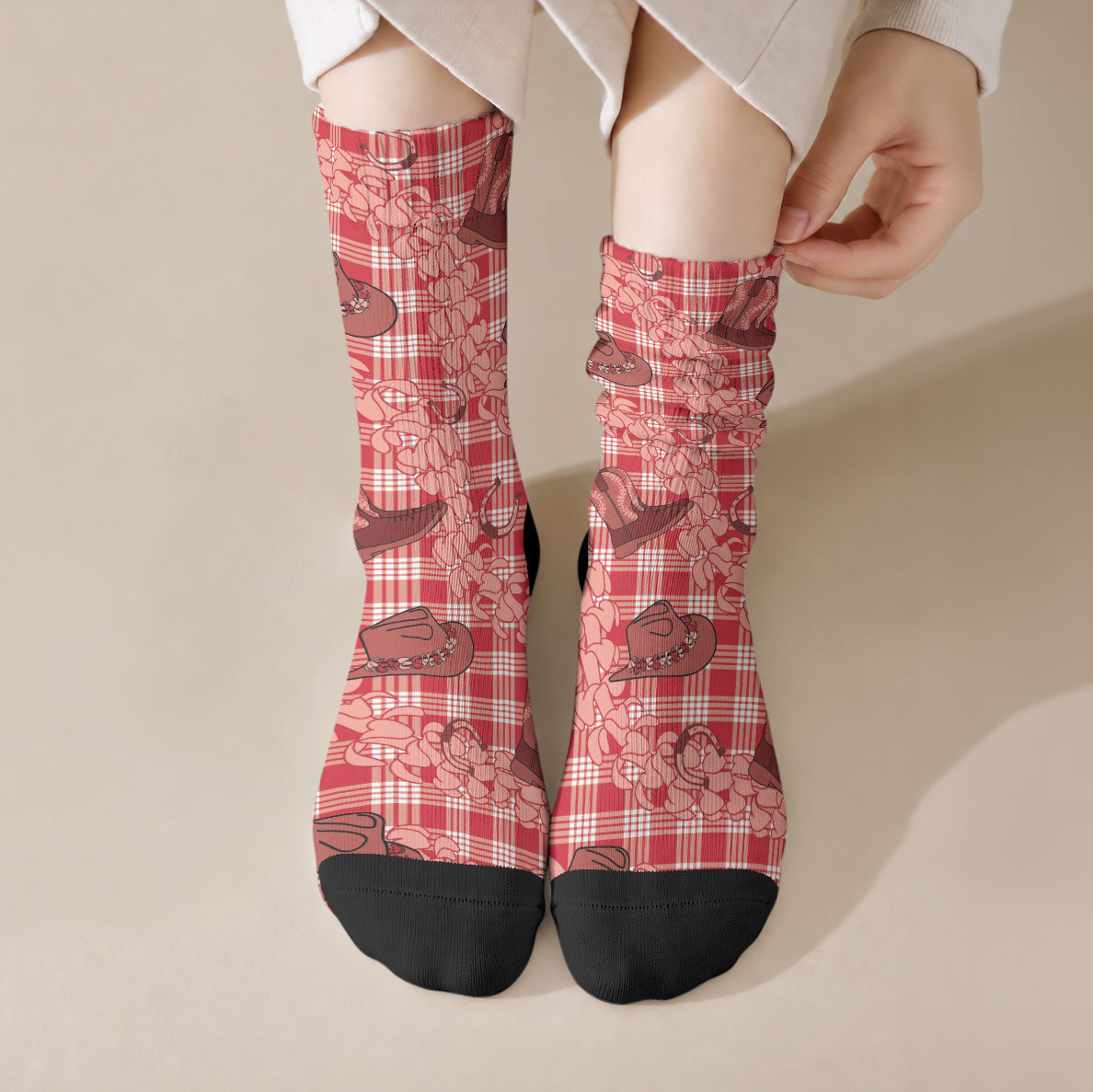Red Palaka Hawaii Cowboy Crew Socks Puakenikeni Lei Paniolo Papale Seamless Vibes LT14 Crew Socks Red - Polynesian Pride