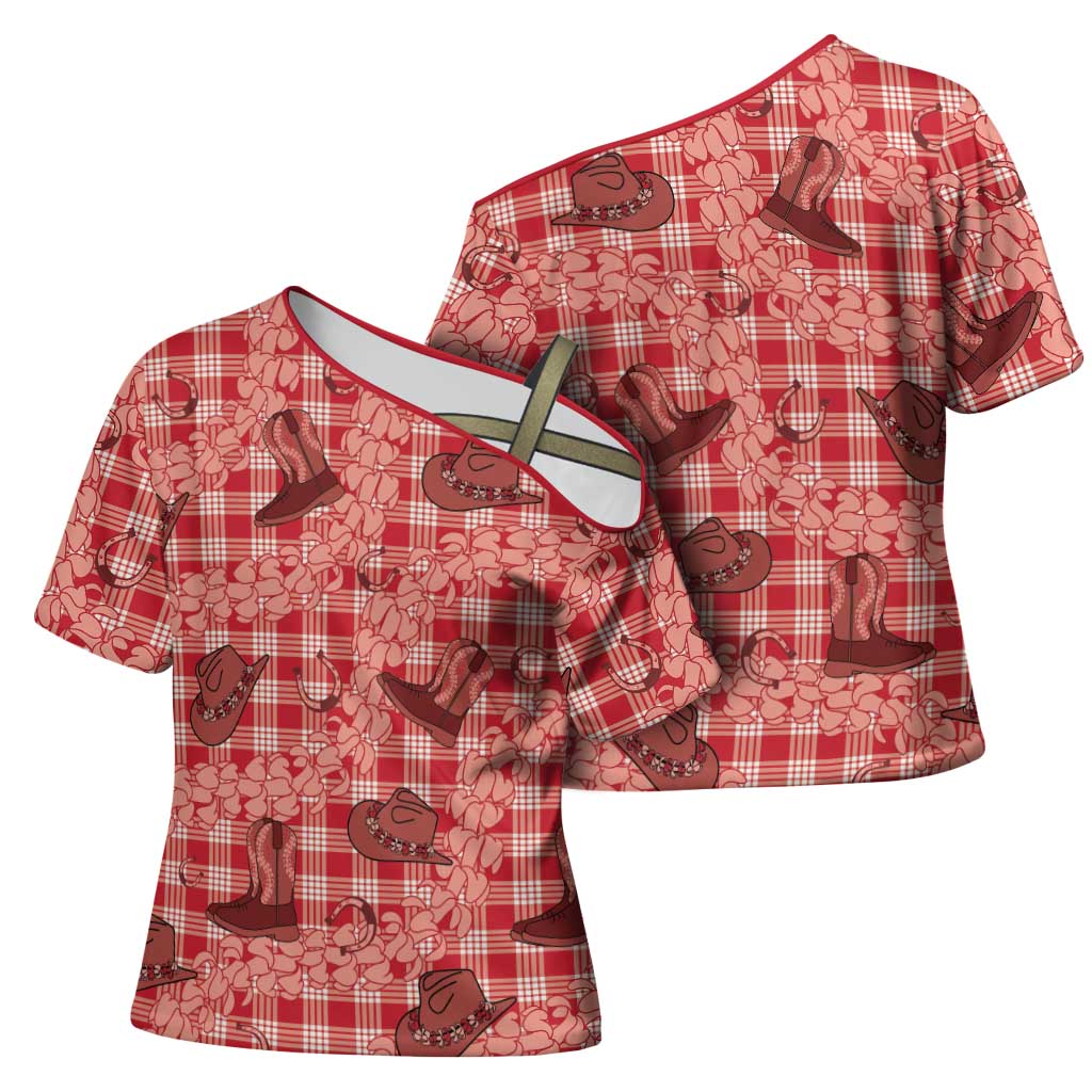 Red Palaka Hawaii Cowboy Cross Shoulder Shirt Puakenikeni Lei Paniolo Papale Seamless Vibes LT14 - Polynesian Pride
