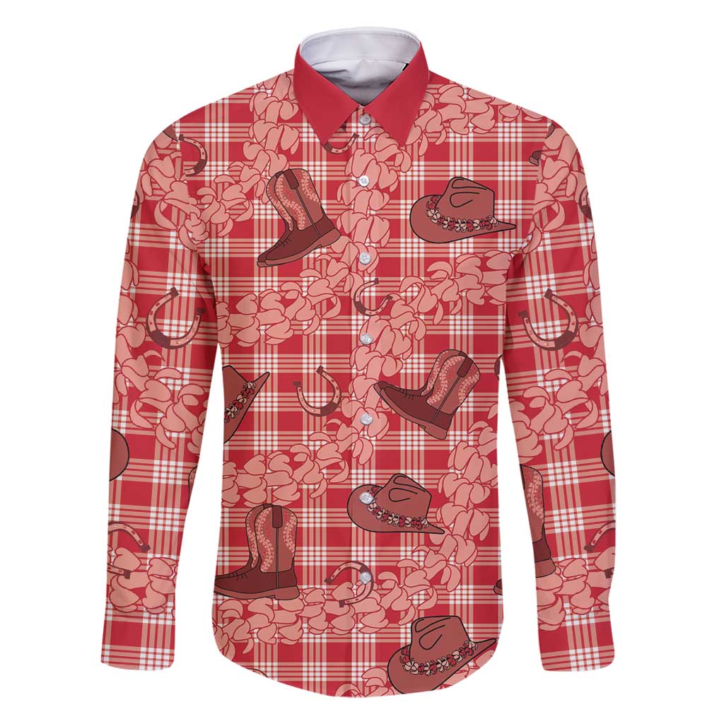 Red Palaka Hawaii Cowboy Family Matching Long Sleeve Bodycon Dress and Hawaiian Shirt Puakenikeni Lei Paniolo Papale Seamless Vibes LT14 Dad's Shirt - Long Sleeve Red - Polynesian Pride