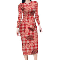 Red Palaka Hawaii Cowboy Family Matching Long Sleeve Bodycon Dress and Hawaiian Shirt Puakenikeni Lei Paniolo Papale Seamless Vibes LT14 Mom's Dress Red - Polynesian Pride