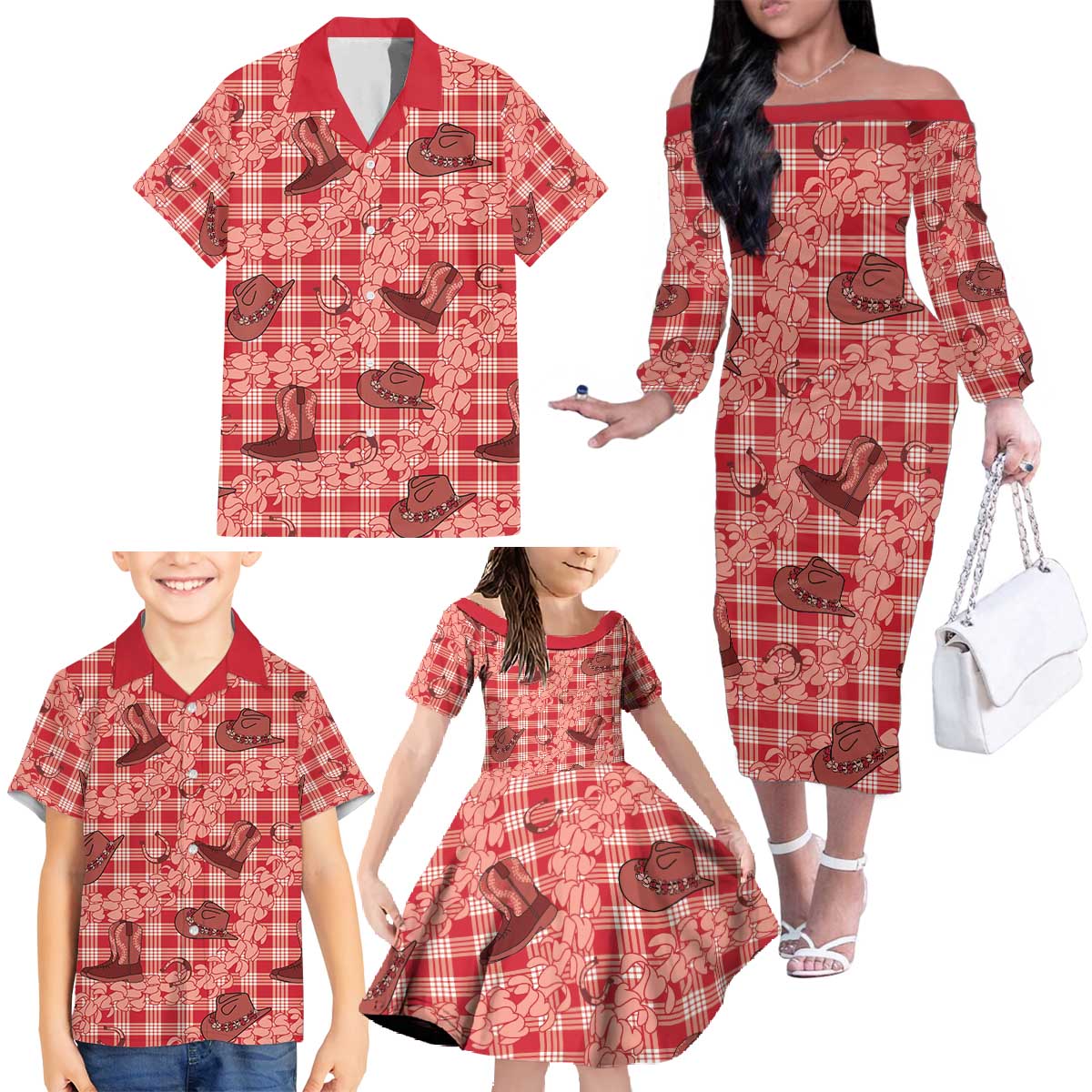 Red Palaka Hawaii Cowboy Family Matching Off The Shoulder Long Sleeve Dress and Hawaiian Shirt Puakenikeni Lei Paniolo Papale Seamless Vibes LT14 - Polynesian Pride
