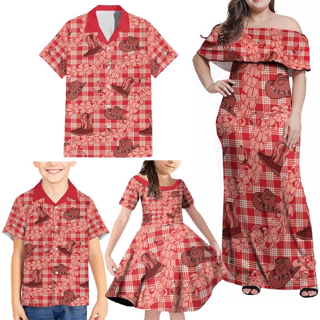 Red Palaka Hawaii Cowboy Family Matching Off Shoulder Maxi Dress and Hawaiian Shirt Puakenikeni Lei Paniolo Papale Seamless Vibes LT14 - Polynesian Pride