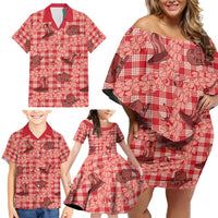 Red Palaka Hawaii Cowboy Family Matching Off Shoulder Short Dress and Hawaiian Shirt Puakenikeni Lei Paniolo Papale Seamless Vibes LT14 - Polynesian Pride