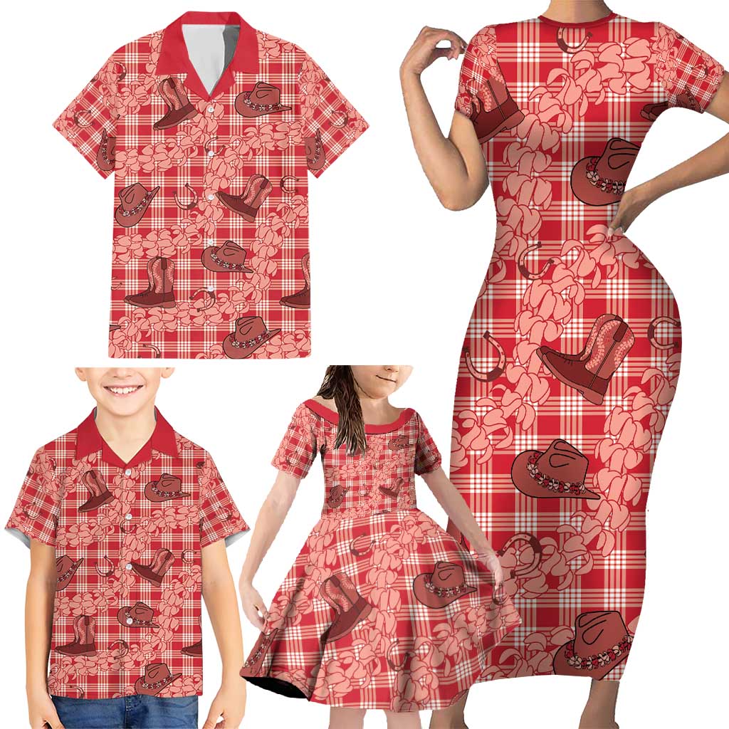 Red Palaka Hawaii Cowboy Family Matching Short Sleeve Bodycon Dress and Hawaiian Shirt Puakenikeni Lei Paniolo Papale Seamless Vibes LT14 - Polynesian Pride