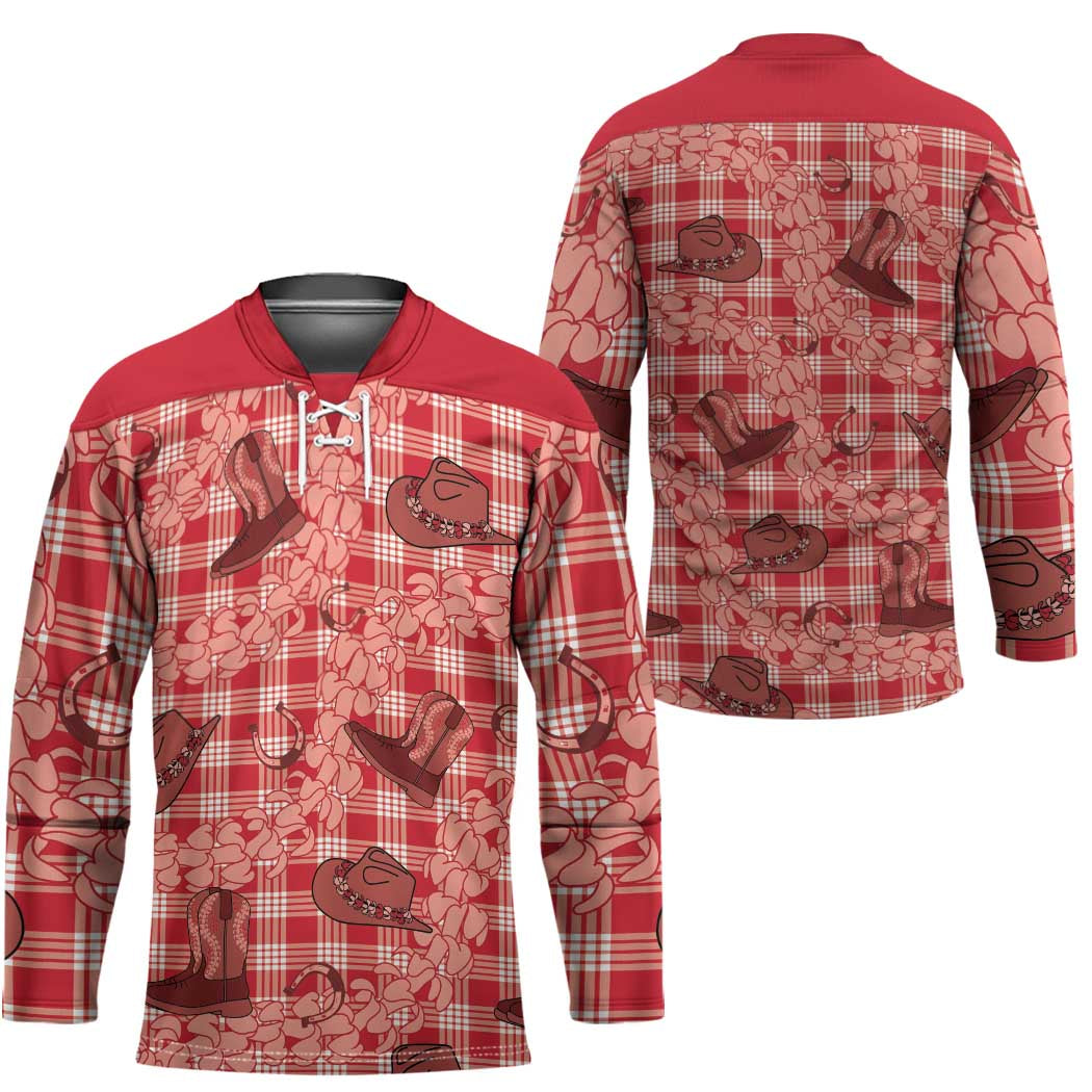 Red Palaka Hawaii Cowboy Hockey Jersey Puakenikeni Lei Paniolo Papale Seamless Vibes - Polynesian Pride