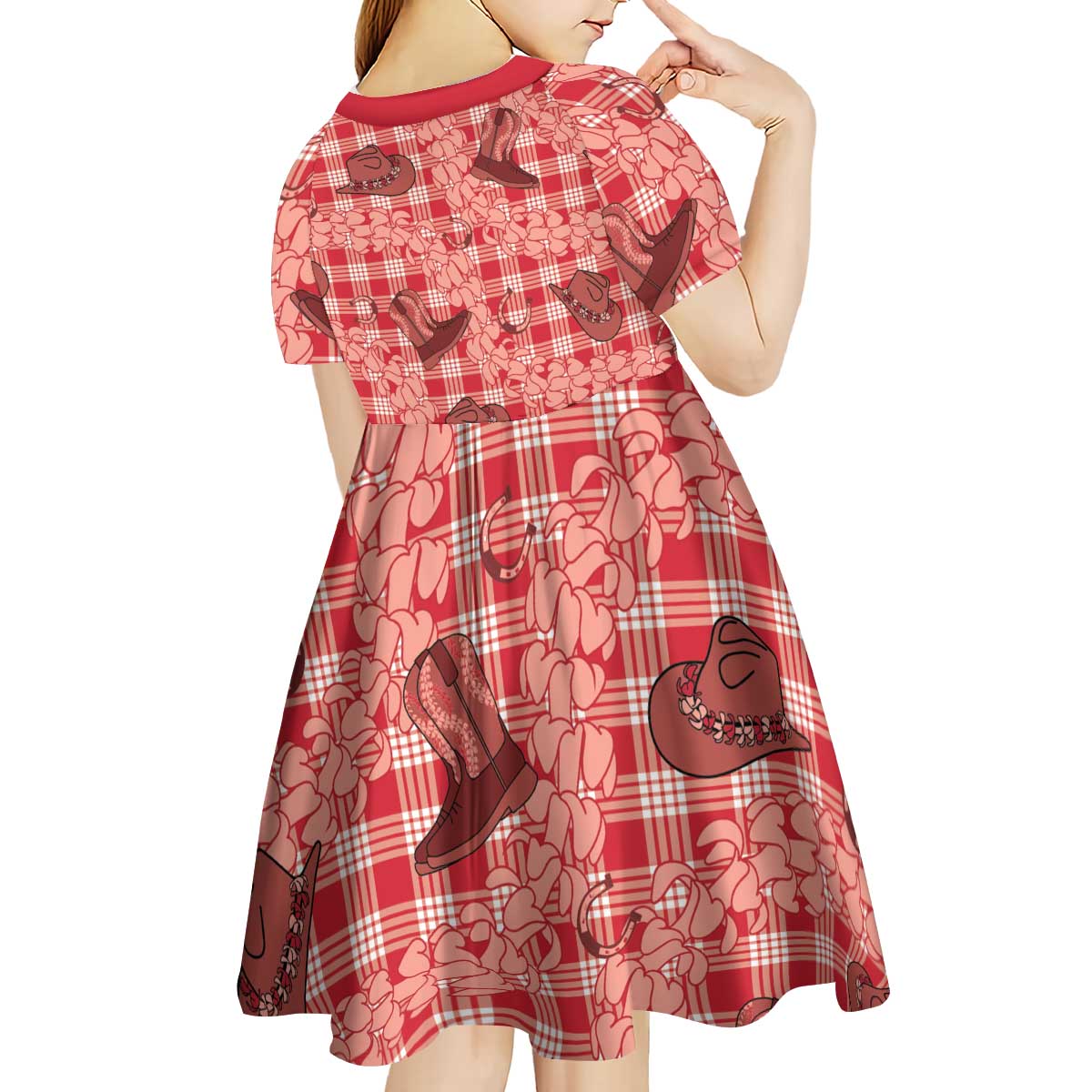 Red Palaka Hawaii Cowboy Kid Short Sleeve Dress Puakenikeni Lei Paniolo Papale Seamless Vibes - Polynesian Pride