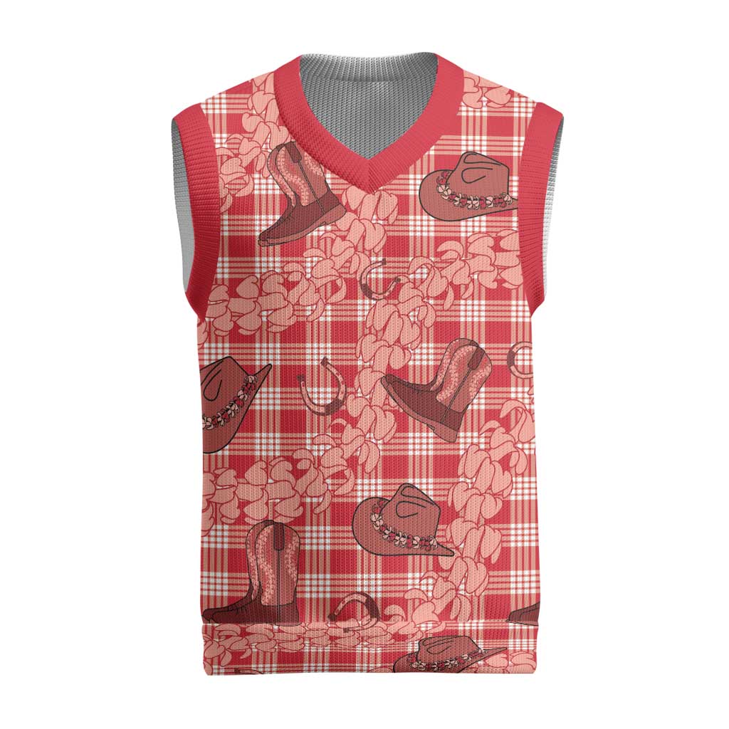 Red Palaka Hawaii Cowboy Christmas Knitted V-Neck Vest Puakenikeni Lei Paniolo Papale Seamless Vibes - Polynesian Pride