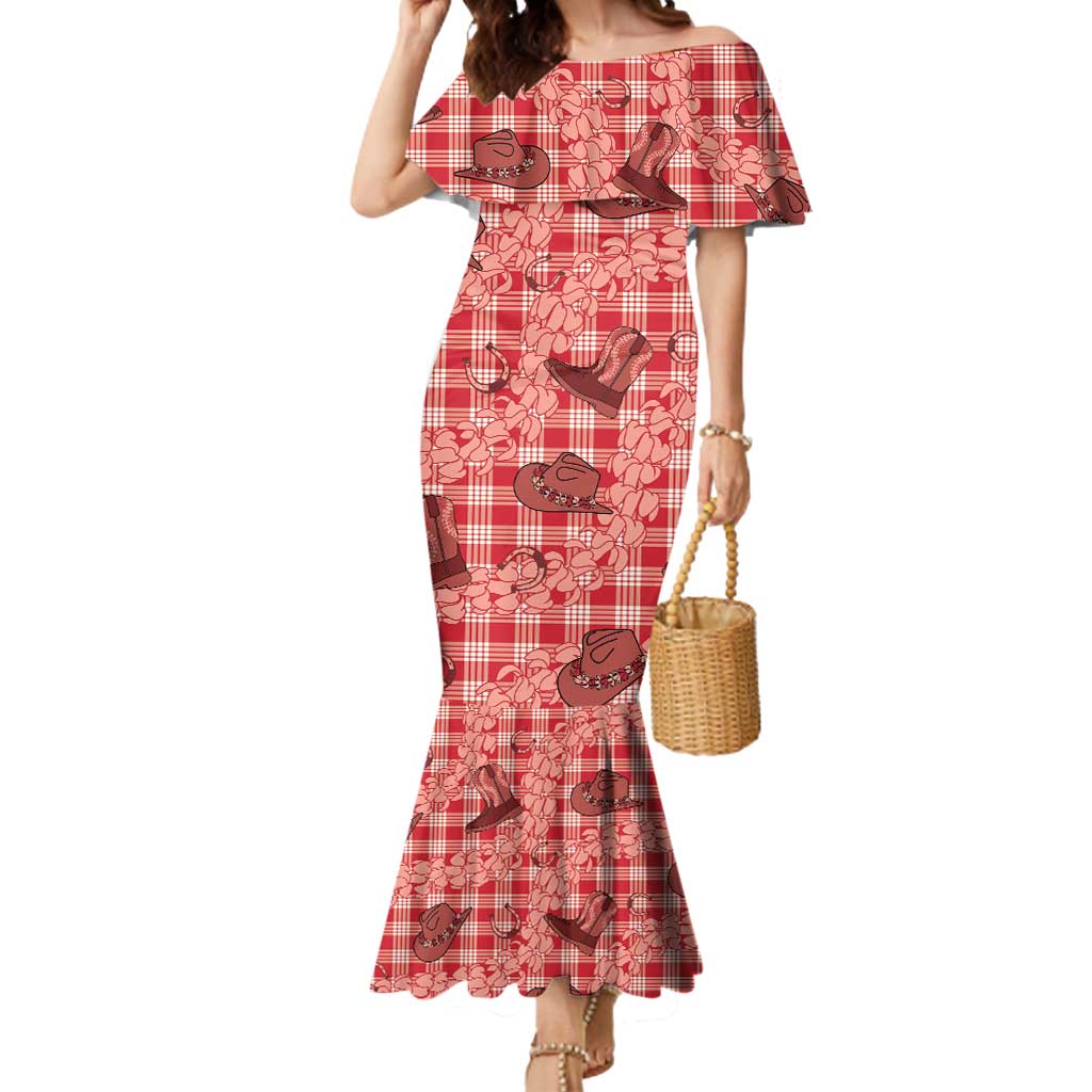 Red Palaka Hawaii Cowboy Mermaid Dress Puakenikeni Lei Paniolo Papale Seamless Vibes - Polynesian Pride