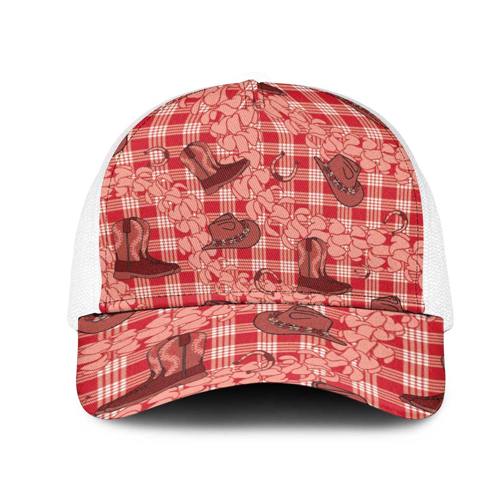 Red Palaka Hawaii Cowboy Mesh Trucker Cap Puakenikeni Lei Paniolo Papale Seamless Vibes - Polynesian Pride