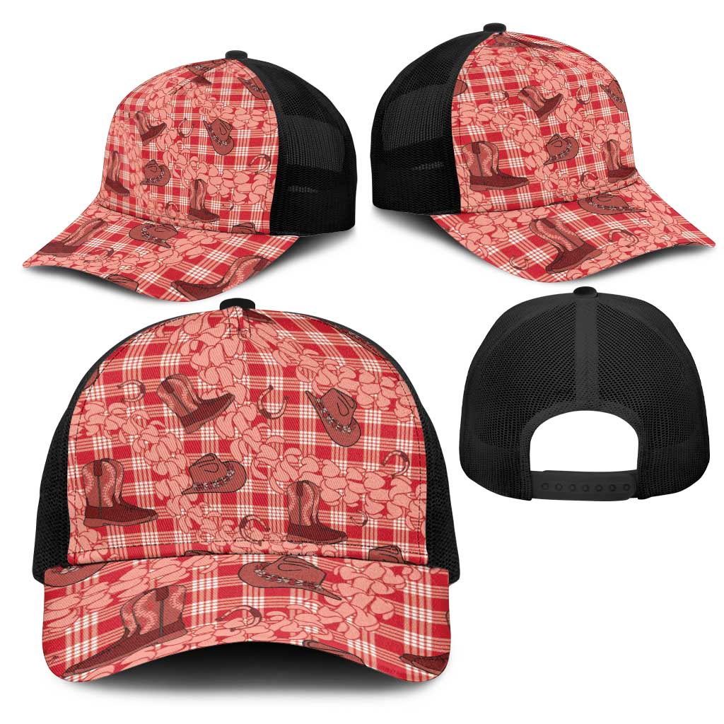 Red Palaka Hawaii Cowboy Mesh Trucker Cap Puakenikeni Lei Paniolo Papale Seamless Vibes - Polynesian Pride