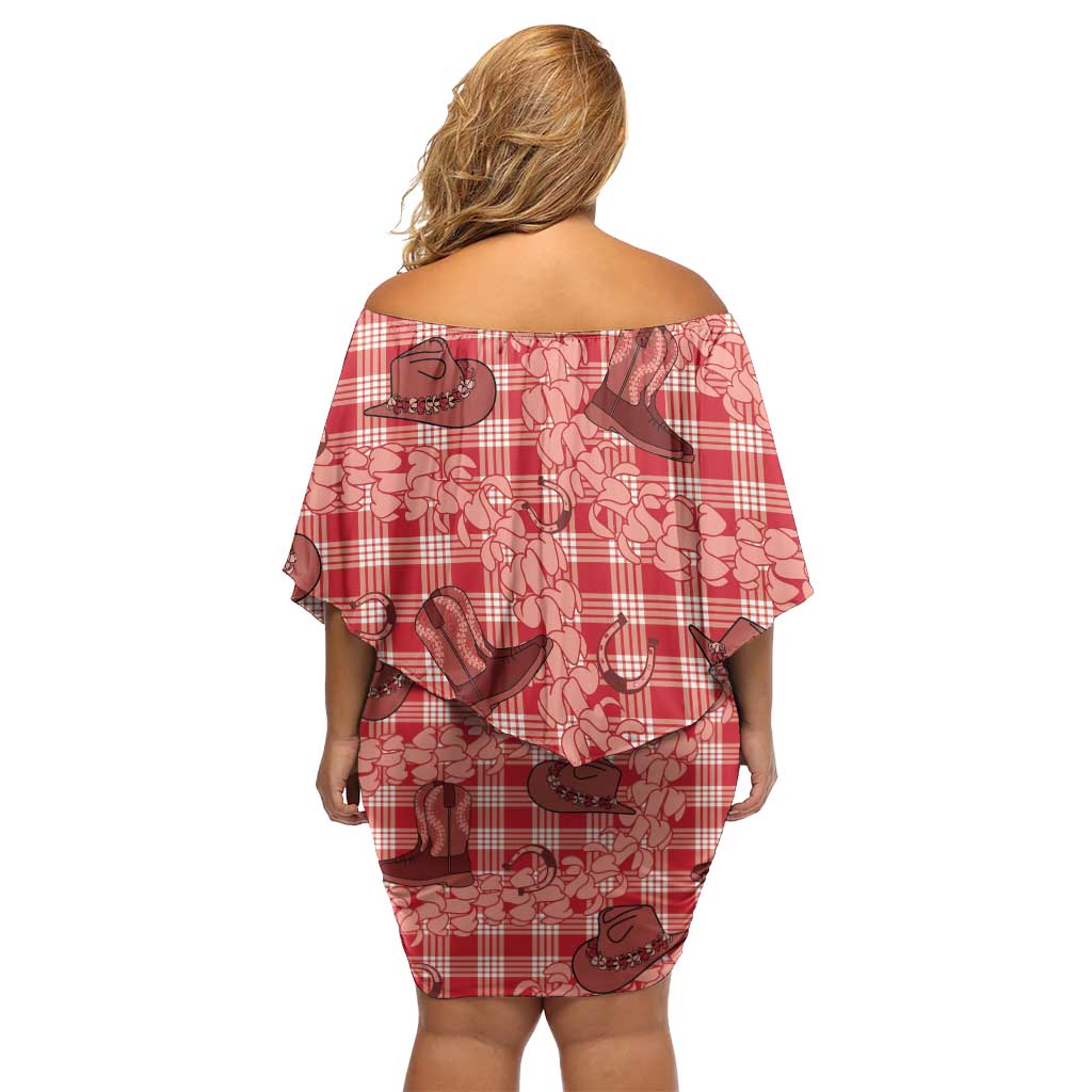 Red Palaka Hawaii Cowboy Off Shoulder Short Dress Puakenikeni Lei Paniolo Papale Seamless Vibes - Polynesian Pride
