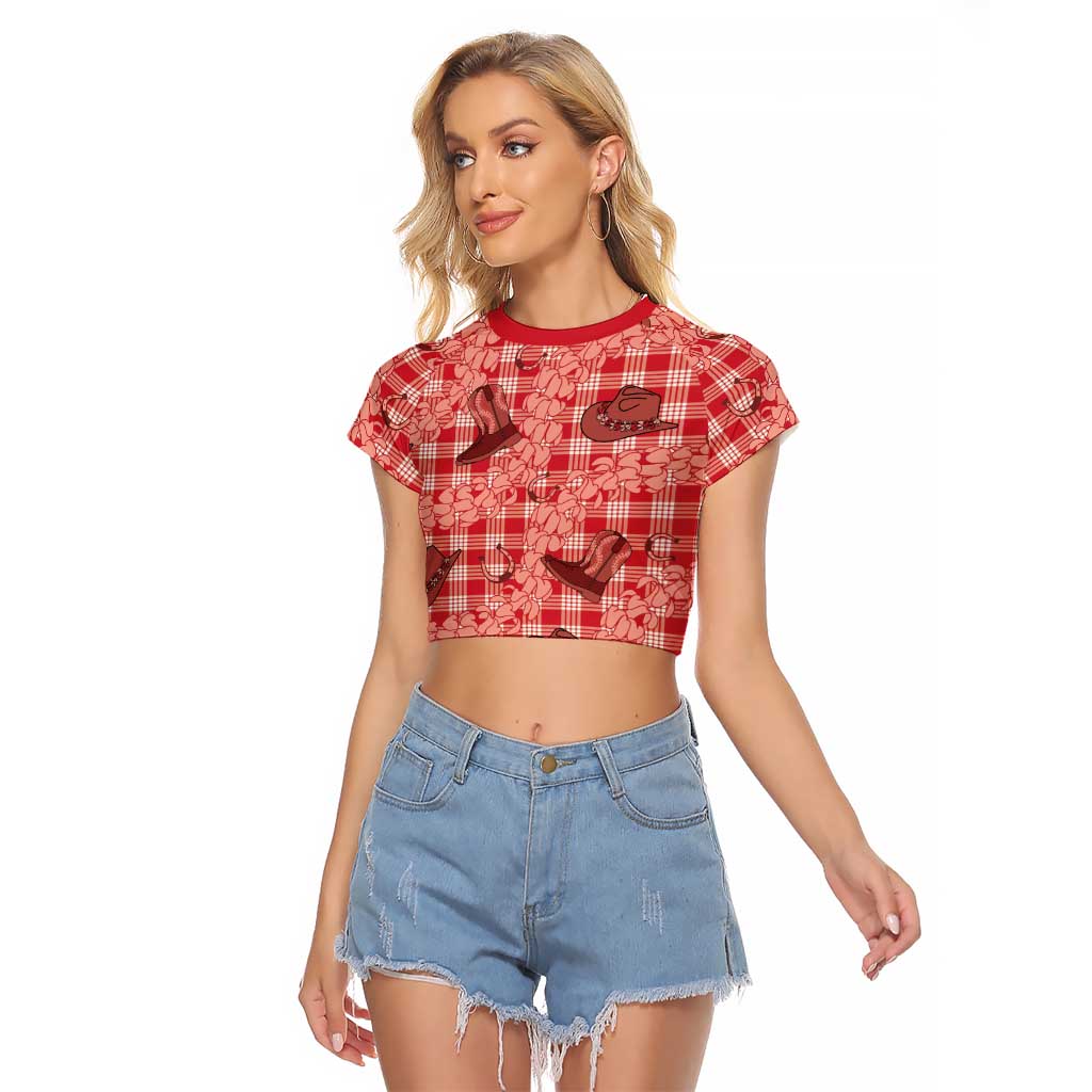 Red Palaka Hawaii Cowboy Raglan Cropped T Shirt Puakenikeni Lei Paniolo Papale Seamless Vibes - Polynesian Pride