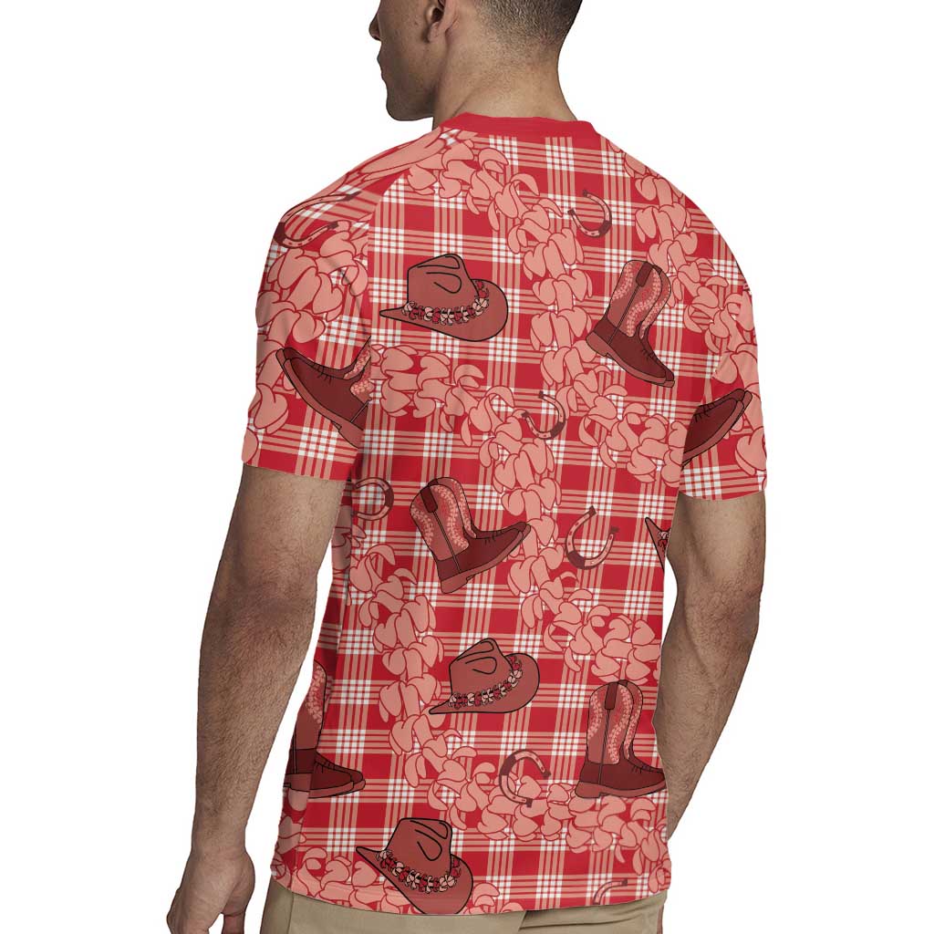Red Palaka Hawaii Cowboy Rugby Jersey Puakenikeni Lei Paniolo Papale Seamless Vibes - Polynesian Pride