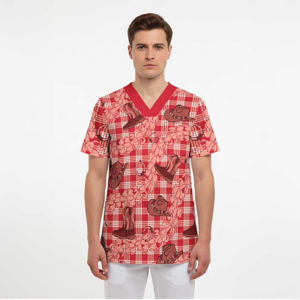 Red Palaka Hawaii Cowboy Scrub Top Puakenikeni Lei Paniolo Papale Seamless Vibes - Polynesian Pride