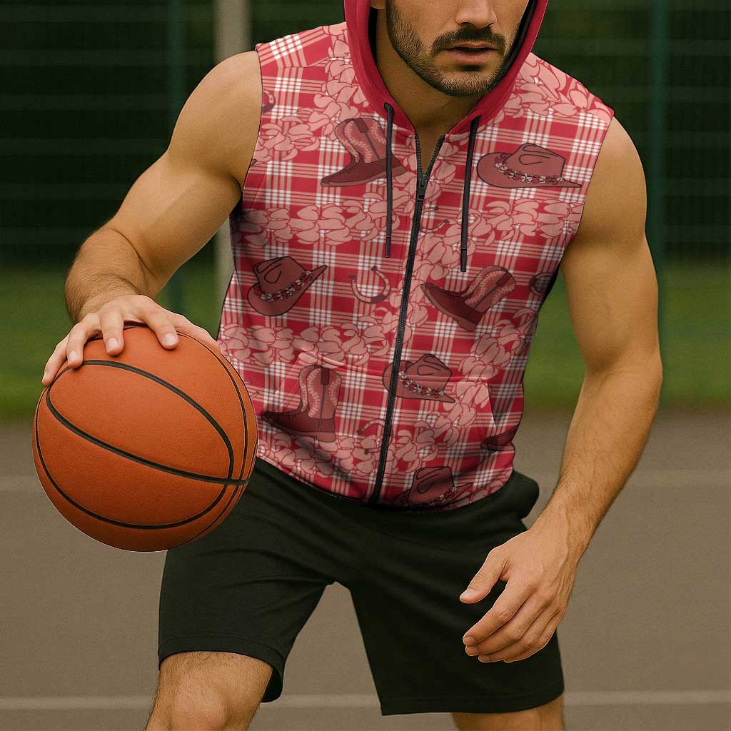 Red Palaka Hawaii Cowboy Sleeveless Zip Hoodie Puakenikeni Lei Paniolo Papale Seamless Vibes LT14 - Polynesian Pride