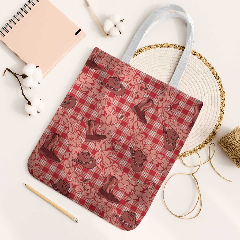 Red Palaka Hawaii Cowboy Tote Bag Puakenikeni Lei Paniolo Papale Seamless Vibes - Polynesian Pride