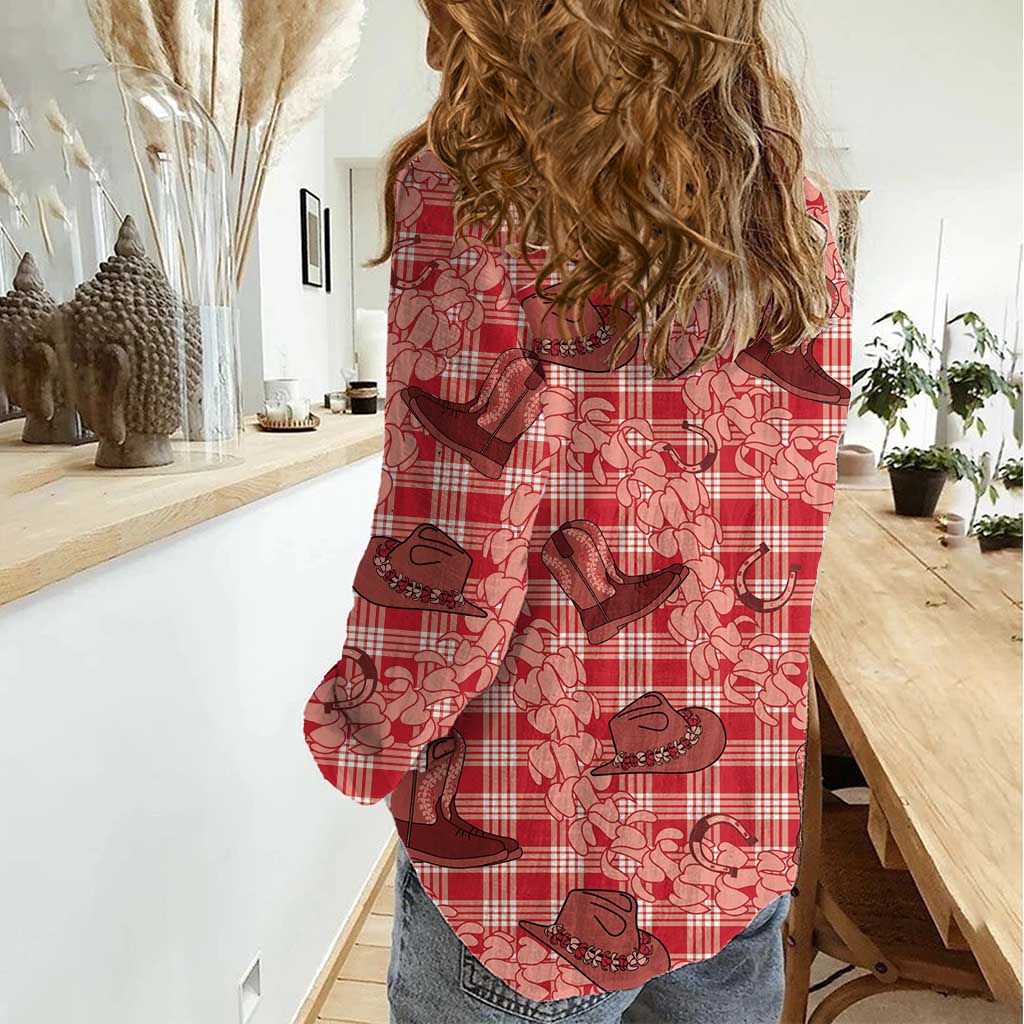 Red Palaka Hawaii Cowboy Women Casual Shirt Puakenikeni Lei Paniolo Papale Seamless Vibes LT14 - Polynesian Pride