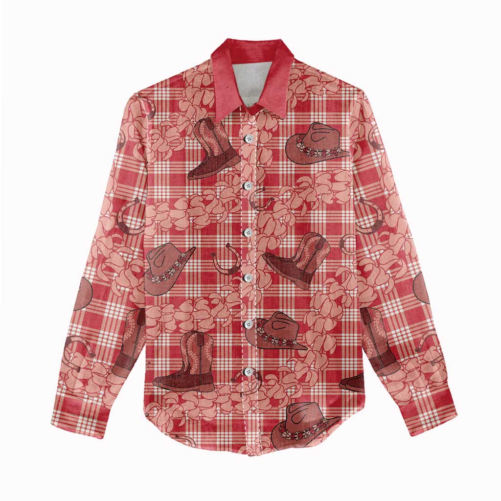 Red Palaka Hawaii Cowboy Women Casual Shirt Puakenikeni Lei Paniolo Papale Seamless Vibes LT14 - Polynesian Pride