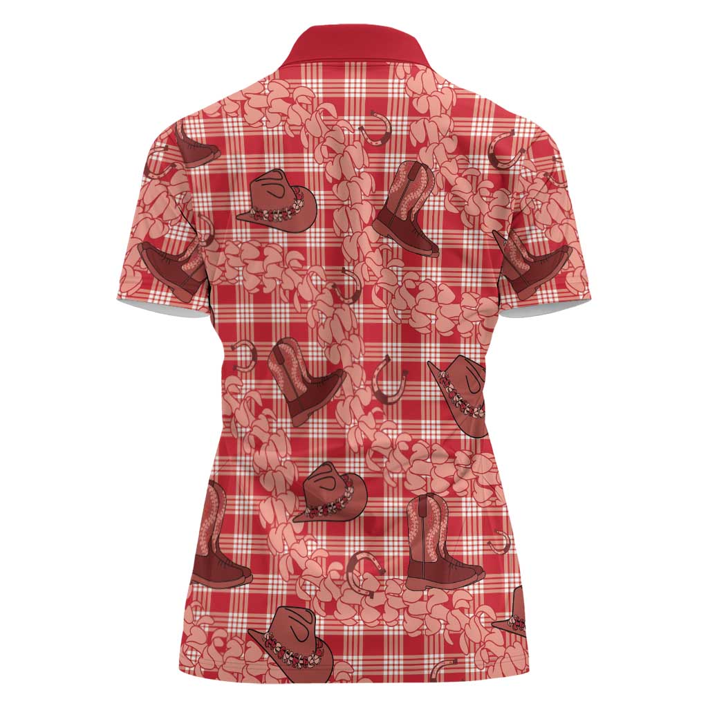 Red Palaka Hawaii Cowboy Women Polo Shirt Puakenikeni Lei Paniolo Papale Seamless Vibes LT14 - Polynesian Pride