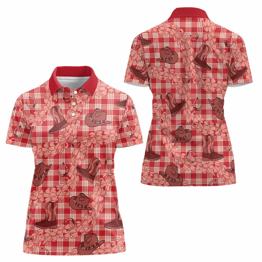 Red Palaka Hawaii Cowboy Women Polo Shirt Puakenikeni Lei Paniolo Papale Seamless Vibes LT14 - Polynesian Pride