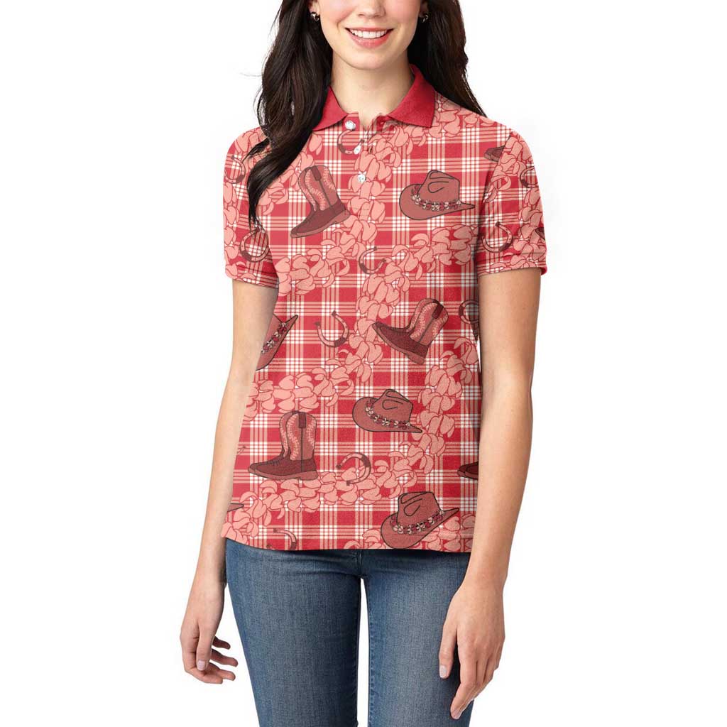 Red Palaka Hawaii Cowboy Women Polo Shirt Puakenikeni Lei Paniolo Papale Seamless Vibes LT14 - Polynesian Pride