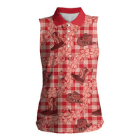 Red Palaka Hawaii Cowboy Women Sleeveless Polo Shirt Puakenikeni Lei Paniolo Papale Seamless Vibes LT14 Female Red - Polynesian Pride