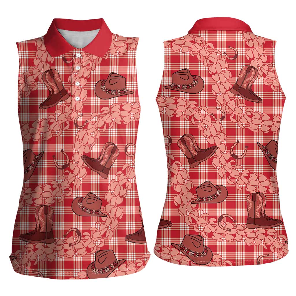 Red Palaka Hawaii Cowboy Women Sleeveless Polo Shirt Puakenikeni Lei Paniolo Papale Seamless Vibes LT14 - Polynesian Pride