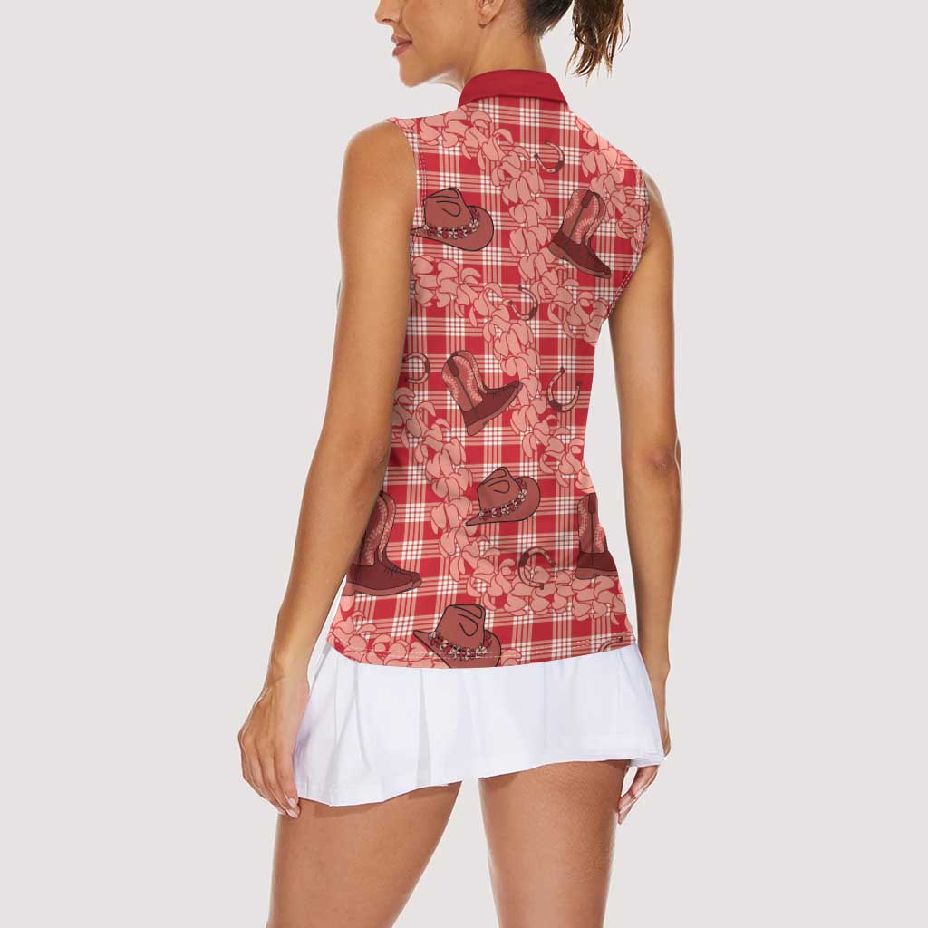 Red Palaka Hawaii Cowboy Women Sleeveless Polo Shirt Puakenikeni Lei Paniolo Papale Seamless Vibes LT14 - Polynesian Pride